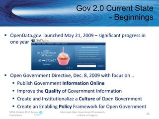 Gov 2.0 Current State - Beginnings OpenData.gov  launched May 21, 2009 – significant progress in one year  Open Government Directive, Dec. 8, 2009 with focus on .. Publish Government  Information Online Improve the  Quality  of Government Information  Create and Institutionalize a  Culture  of Open Government Create an Enabling  Policy  Framework for Open Government MISA Ontario 2010 Annual Conference Municipal Open Government Framework  - a Work in Progress 