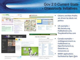 Gov 2.0 Current State - Grassroots Initiatives  Citizens and Non-Profits  are driven by ideals not politics UK examples –  My Society.org, FixMyStreet.com, TheyWorkForYou.com Canada examples – visiblegovernment.ca, FixMyStreet.ca, OpenParliament.ca, DataLibre.ca,  civicaccess.ca MANY applications facilitated by Open Data MISA Ontario 2010 Annual Conference Municipal Open Government Framework  - a Work in Progress 