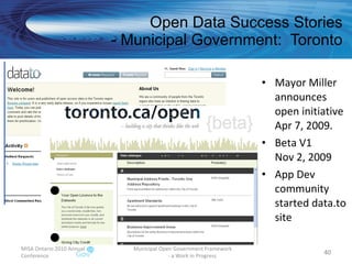 Open Data Success Stories - Municipal Government:  Toronto Mayor Miller announces open initiative Apr 7, 2009. Beta V1 Nov 2, 2009 App Dev community started data.to site MISA Ontario 2010 Annual Conference Municipal Open Government Framework  - a Work in Progress 