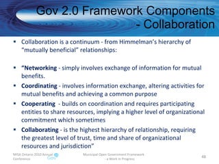 Gov 2.0 Framework Components - Collaboration Collaboration is a continuum - from Himmelman’s hierarchy of “mutually beneficial” relationships: “ Networking  - simply involves exchange of information for mutual benefits. Coordinating  - involves information exchange, altering activities for mutual benefits and achieving a common purpose Cooperating   - builds on coordination and requires participating entities to share resources, implying a higher level of organizational commitment which sometimes Collaborating  - is the highest hierarchy of relationship, requiring the greatest level of trust, time and share of organizational resources and jurisdiction” MISA Ontario 2010 Annual Conference Municipal Open Government Framework  - a Work in Progress 