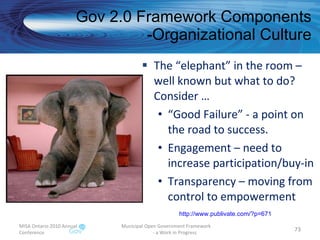The “elephant” in the room – well known but what to do?  Consider … “ Good Failure” - a point on the road to success. Engagement – need to increase participation/buy-in Transparency – moving from control to empowerment Gov 2.0 Framework Components -Organizational Culture MISA Ontario 2010 Annual Conference Municipal Open Government Framework  - a Work in Progress http:// www.publivate.com/?p =671 