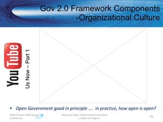 Gov 2.0 Framework Components -Organizational Culture Open Government good in principle ….  in practice, how open is open? MISA Ontario 2010 Annual Conference Municipal Open Government Framework  - a Work in Progress Us Now – Part 1 