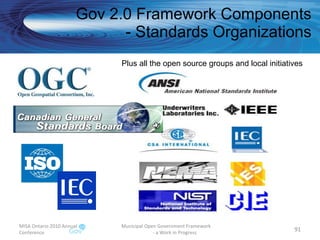 Gov 2.0 Framework Components - Standards Organizations MISA Ontario 2010 Annual Conference Municipal Open Government Framework  - a Work in Progress Plus all the open source groups and local initiatives 