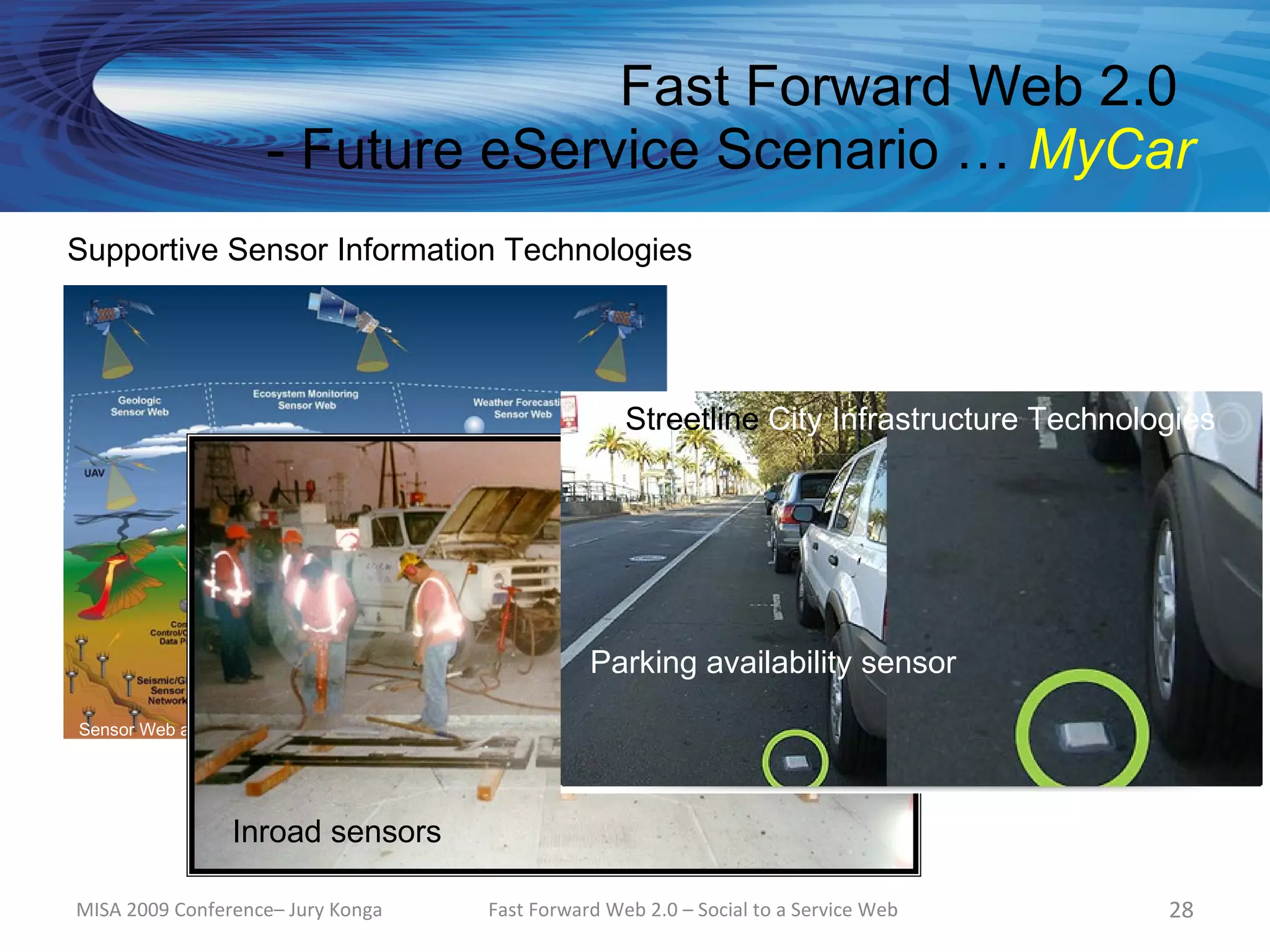 Fast Forward Web 2.0
                       - Future eService Scenario … MyCar
Supportive Sensor Information Technologies




                                                                   Streetline City Infrastructure Technologies




                                                              Parking availability sensor
Sensor Web as predicted by Matt Heavner at University of Alaska Southeast




                  Inroad sensors

MISA 2009 Conference– Jury Konga                  Fast Forward Web 2.0 – Social to a Service Web          28
 