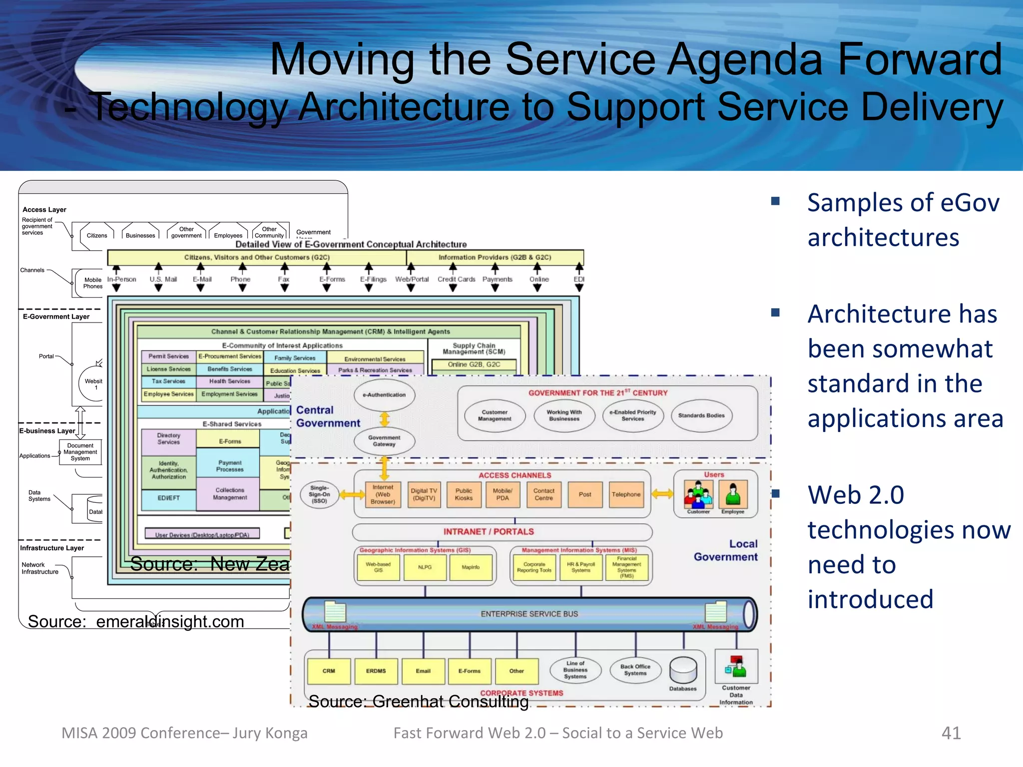 Moving the Service Agenda Forward
    - Technology Architecture to Support Service Delivery

                                                                                                   Samples of eGov
                                                                                                    architectures

                                                                                                   Architecture has
                                                                                                    been somewhat
                                                                                                    standard in the
                                                                                                    applications area

                                                                                                   Web 2.0
                                                                                                    technologies now
            Source: New Zealand eGovernment                                                         need to
                                                                                                    introduced
Source: emeraldinsight.com



                                       Source: Greenhat Consulting
    MISA 2009 Conference– Jury Konga             Fast Forward Web 2.0 – Social to a Service Web                41
 