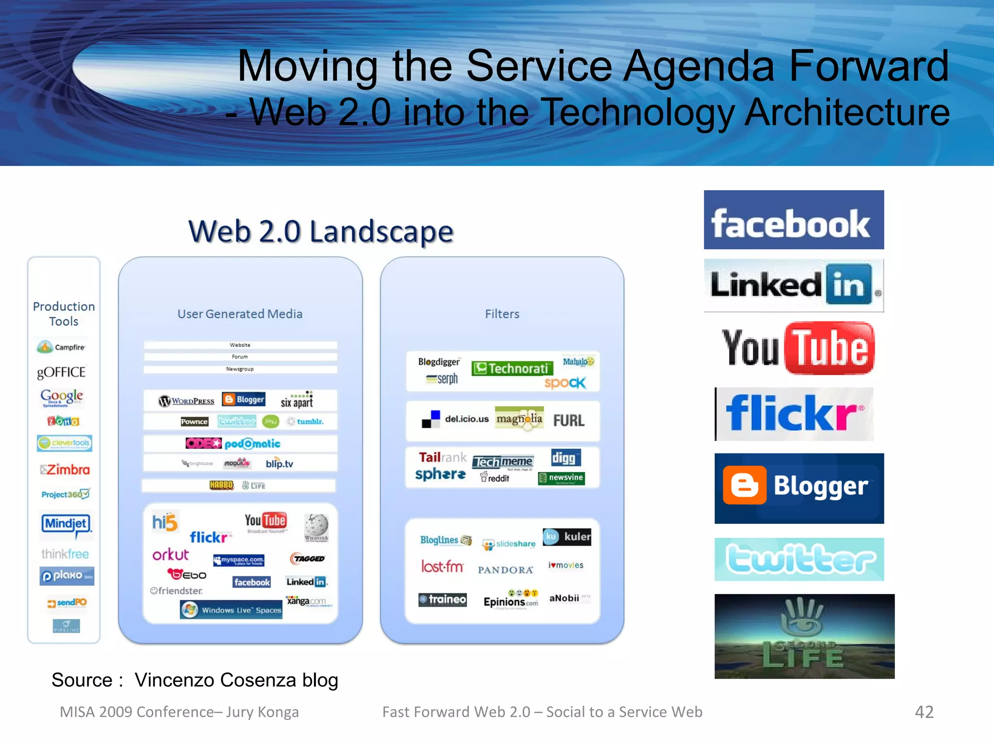 Moving the Service Agenda Forward
                      - Web 2.0 into the Technology Architecture




Source : Vincenzo Cosenza blog
MISA 2009 Conference– Jury Konga   Fast Forward Web 2.0 – Social to a Service Web   42
 