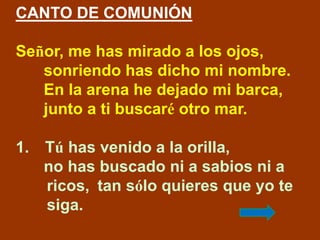 CANTO DE COMUNIÓN 
Señor, me has mirado a los ojos, 
sonriendo has dicho mi nombre. 
En la arena he dejado mi barca, 
junt...