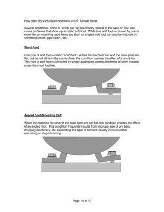 How often do such ideal conditions exist? Almost never. 
Several conditions, some of which are not specifically related to the base or foot, can 
cause problems that show up as static soft foot. While true soft foot is caused by one or 
more feet or mounting pads being too short or angled, soft foot can also be induced by 
shimming errors, pipe strain, etc. 
Page 16 of 19 
Short Foot 
One type of soft foot is called “short foot.” When the machine feet and the base pads are 
flat, but do not all lie in the same plane, the condition creates the effect of a short foot. 
This type of soft foot is corrected by simply adding the correct thickness of shim material 
under the short foot/feet. 
Angled Foot/Mounting Pad 
When the machine feet and/or the base pads are not flat, the condition creates the effect 
of an angled foot. This condition frequently results from improper use of pry bars, 
dropping machinery, etc. Correcting this type of soft foot usually involves either 
machining or step shimming. 
 