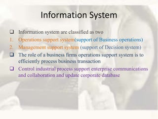 Information System
Information system are classified as two
1. Operations support system(support of Business operations)
2. Management support system (support of Decision system)
The role of a business firms operations support system is to
efficiently process business transaction
Control industrial process support enterprise communications
and collaboration and update corporate database