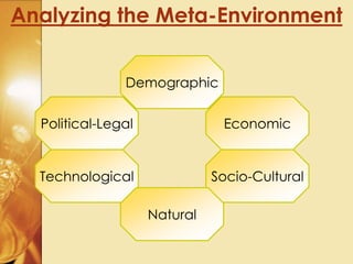 Analyzing the Meta-Environment
Demographic
EconomicPolitical-Legal
Socio-CulturalTechnological
Natural
 