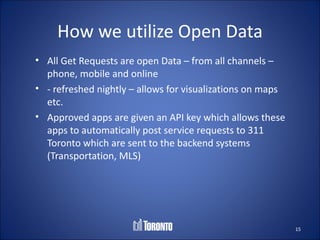How we utilize Open Data
• All Get Requests are open Data – from all channels –
  phone, mobile and online
• - refreshed nightly – allows for visualizations on maps
  etc.
• Approved apps are given an API key which allows these
  apps to automatically post service requests to 311
  Toronto which are sent to the backend systems
  (Transportation, MLS)




                                                            15
 