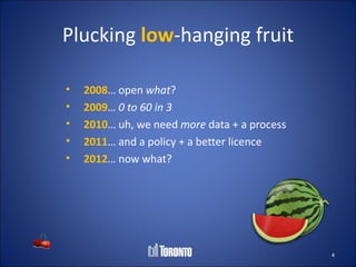 Plucking low-hanging fruit

•   2008… open what?
•   2009… 0 to 60 in 3
•   2010… uh, we need more data + a process
•   2011… and a policy + a better licence
•   2012… now what?




                                              4
 