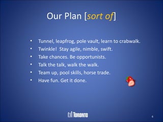 Our Plan [sort of]

•   Tunnel, leapfrog, pole vault, learn to crabwalk.
•   Twinkle! Stay agile, nimble, swift.
•   Take chances. Be opportunists.
•   Talk the talk, walk the walk.
•   Team up, pool skills, horse trade.
•   Have fun. Get it done.




                                                       6
 