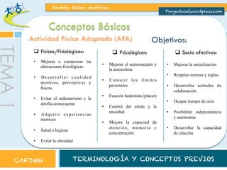 Andrés Mateo Martínez

Proyectosef.wordpress.com

Conceptos Básicos
Actividad Física Adaptada (AFA)

TEMA 1

q  Físicos/Físiológicos:
• 

Mejorar o compensar las
alteraciones fisiológicas

• 

Desarrollar cualidad
motrices, perceptivas y
físicas

• 

• 

Evitar el sedentarismo y la
atrofia consecuente
Adquirir experiencias
motrices

• 

Salud e higiene

• 

Objetivos:
q  Socio afectivos:

q  Psicológicos:
• 

Mejorar el autoconcepto y
la autoestima

• 
• 

Respetar normas y reglas

• 

Desarrollar actitudes de
colaboración

• 

• 

Conocer los límites
personales

Mejorar la socialización

• 
• 

• 

Ocupar tiempo de ocio

• 

Posibilitar independencia
y autonomía

• 

Desarrollar la capacidad
de relación

Función hedonista (placer)
Control del estrés y la
ansiedad
Mejora la capaciad de
atención, memoria y
concentración

Evitar la obesidad

CAFDMN

TERMINOLOGÍA Y CONCEPTOS PREVIOS

 