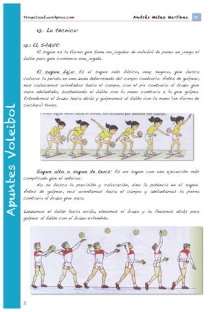 Proyectosef.wordpress.com                         Andrés Mateo Martínez 	
     EF


                                  10. La técnica:

                   10.1 EL SAQUE:
                         El saque es la forma que tiene un jugador de voleibol de poner en juego el
                   balón para que comience una jugada.

                         El saque bajo: Es el saque más básico, muy seguro, que busca
                   colocar la pelota en una zona determinada del campo contrario. Antes de golpear,
                   nos colocamos orientados hacia el campo, con el pie contrario al brazo que
                   saca adelantado, sosteniendo el balón con la mano contraria a la que golpea.
                   Extendemos el brazo hacia atrás y golpeamos al balón con la mano (en forma de
                   cuchara) tensa.
Apuntes Voleibol




                         Saque alto o saque de tenis: Es un saque con una ejecución más
                   complicada que el anterior.
                         No se busca la precisión y colocación, sino la potencia en el saque.
                   Antes de golpear, nos orientamos hacia el campo y adelantamos la pierna
                   contraria al brazo que saca.

                   Lanzamos el balón hacia arriba, elevamos el brazo y lo llevamos atrás para
                   golpear al balón con el brazo extendido.




                   5	
  
                           	
  
 