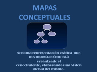MAPAS
CONCEPTUALES

Son una representación gráfica que
nos muestra cómo está
organizado el
conocimiento, elaborando una visión
global del mismo.

 