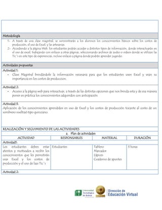 Metodología
1- A través de una clase magistral, se suministrarán a los alumnos los conocimientos básicos sobre los costos de
producción, el uso de Excel, y las artesanias.
2- Accediendo a la página Web, los estudiantes podrán acceder a distintos tipos de información, donde interactuarán en
el uso de excel, trabajando con enlaces a otras páginas, seleccionando archivos de audio o videos donde se utilizan las
Tic´s en este tipo de experiencias, incluso enlaces a página donde podrán aprender jugando.

Actividades propuestas
Actividad 1:
- Clase Magistral brindándole la información necesaria para que los estudiantes usen Excel y vean su
importancia en los costos de produccion.
Actividad 2:
- Acceso a la página web para interactuar, a través de las distintas opciones que nos brinda esta y de esa manera
poner en práctica los conocimientos adquiridos con anticipación
Actividad 3:
Aplicación de los conocimientos aprendidos en uso de Excel y los costos de producción tocante al costo de un
sombrero vueltiaó tipo quinciano.

REALIZACIÓN Y SEGUIMIENTO DE LAS ACTIVIDADES
a. Plan de actividades
ACTIVIDAD
RESPONSABLES
MATERIAL
Actividad1:
Los estudiantes deben estar Estudiantes
Tablero
atentos y motivados a recibir los
Marcador
conocimientos que les permitirán
Lápices
usar Excel y los costos de
Cuaderno de apuntes
producción y el uso de laas Tic´s
Actividad 2:

DURACIÓN
3 horas

 