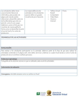 Los estudiantes deben tener
conocimientos básicos de
informática, para acceder a la
página web, donde podrán
seleccionar y desarrollar cada una
de las alternativas que esta nos
permite como lo son juegos
didácticos, acceso a links que nos
muestran de manera gráfica la
forma como se desarrollan tocante
al uso de Excel y los costos de
produccion.

Los responsables de esta
actividad son los estudiantes
quienes deben ser guiados
inicialmente por el docente.

-

Tablero (Smart
Board)
Computador
Video Beam
Acceso a
Internet

1 hora

DESARROLLO DE LAS ACTIVIDADES

EVALUACIÓN
Para evaluar a los estudiantes participantes en la actividad, debemos partir de la base de que para realizar las
actividades contenidas en la página web, estos deben dominar y elaborar un cuadro Excel donde se note el costo de
producción de un sombrero vueltiaó quinciano.
Evidencias d aprendizaje:
Fotografías de las distintas sesiones en que se realizarán cada una de las actividades.

Instrumentos de evaluación

Cronograma: este debe anexarse como un archivo en Excel.

 