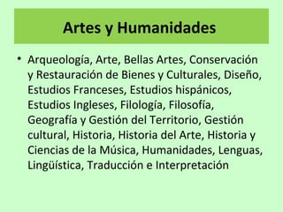 Artes y Humanidades
• Arqueología, Arte, Bellas Artes, Conservación
y Restauración de Bienes y Culturales, Diseño,
Estudios Franceses, Estudios hispánicos,
Estudios Ingleses, Filología, Filosofía,
Geografía y Gestión del Territorio, Gestión
cultural, Historia, Historia del Arte, Historia y
Ciencias de la Música, Humanidades, Lenguas,
Lingüística, Traducción e Interpretación
 