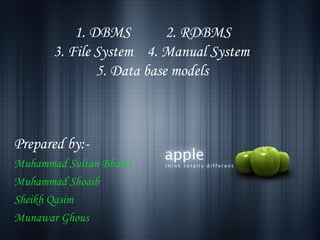 1. DBMS         2. RDBMS
           3. File System 4. Manual System
                   5. Data base models
“


    Prepared by:-
    Muhammad Sultan Bhatti
    Muhammad Shoaib
    Sheikh Qasim
    Munawar Ghous
 