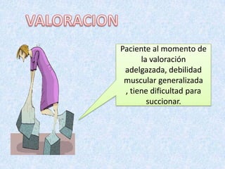 Paciente al momento de
la valoración
adelgazada, debilidad
muscular generalizada
, tiene dificultad para
succionar.

 