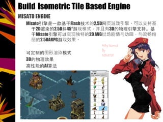 Build Isometric Tile Based Engine
MISATO ENGINE
MisatoһFlash2.5DҳϷ档ֻ֧
2DȾ2.5Dб45Ϸģʽ3D֧֡
Misatoʵֶص2DAVG붯Ѥ
2.5DARPGϷЧ
ɶƵͼȾģʽ
3DЧ
ܵAI㷨
Why Named
By
MISATO!
 