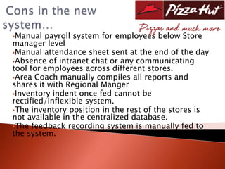 Manual  payroll system for employees below Store
manager level
Manual attendance sheet sent at the end of the day
Absence of intranet chat or any communicating
tool for employees across different stores.
Area Coach manually compiles all reports and
shares it with Regional Manger
Inventory indent once fed cannot be
rectified/inflexible system.
The inventory position in the rest of the stores is
not available in the centralized database.
The feedback recording system is manually fed to
the system.
 