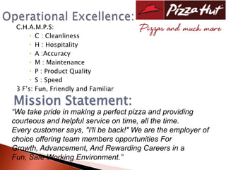C.H.A.M.P.S:
      C : Cleanliness
      H : Hospitality
      A :Accuracy
      M : Maintenance
      P : Product Quality
      S : Speed
 3 F’s: Fun, Friendly and Familiar

Mission Statement:
“We take pride in making a perfect pizza and providing
courteous and helpful service on time, all the time.
Every customer says, "I'll be back!" We are the employer of
choice offering team members opportunities For
Growth, Advancement, And Rewarding Careers in a
Fun, Safe Working Environment.”
 