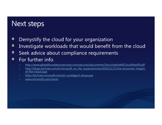 http://www.globalfoundationservices.com/security/documents/SecuringtheMSCloudMay09.pdf
http://blogs.technet.com/b/microsoft_on_the_issues/archive/2010/11/11/the-economic-impact-
of-the-cloud.aspx
http://technet.microsoft.com/en-us/edge/it-showcase
www.microsoft.com/cloud
 