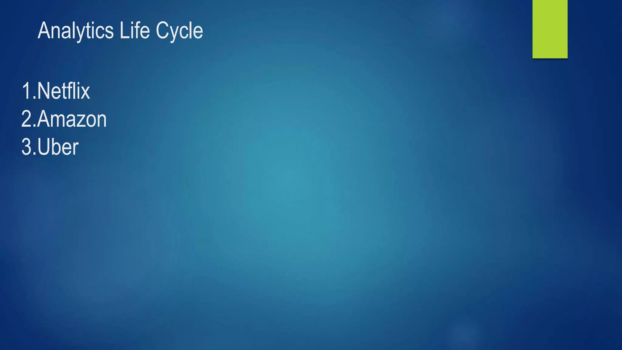 Analytics Life Cycle
1.Netflix
2.Amazon
3.Uber
 