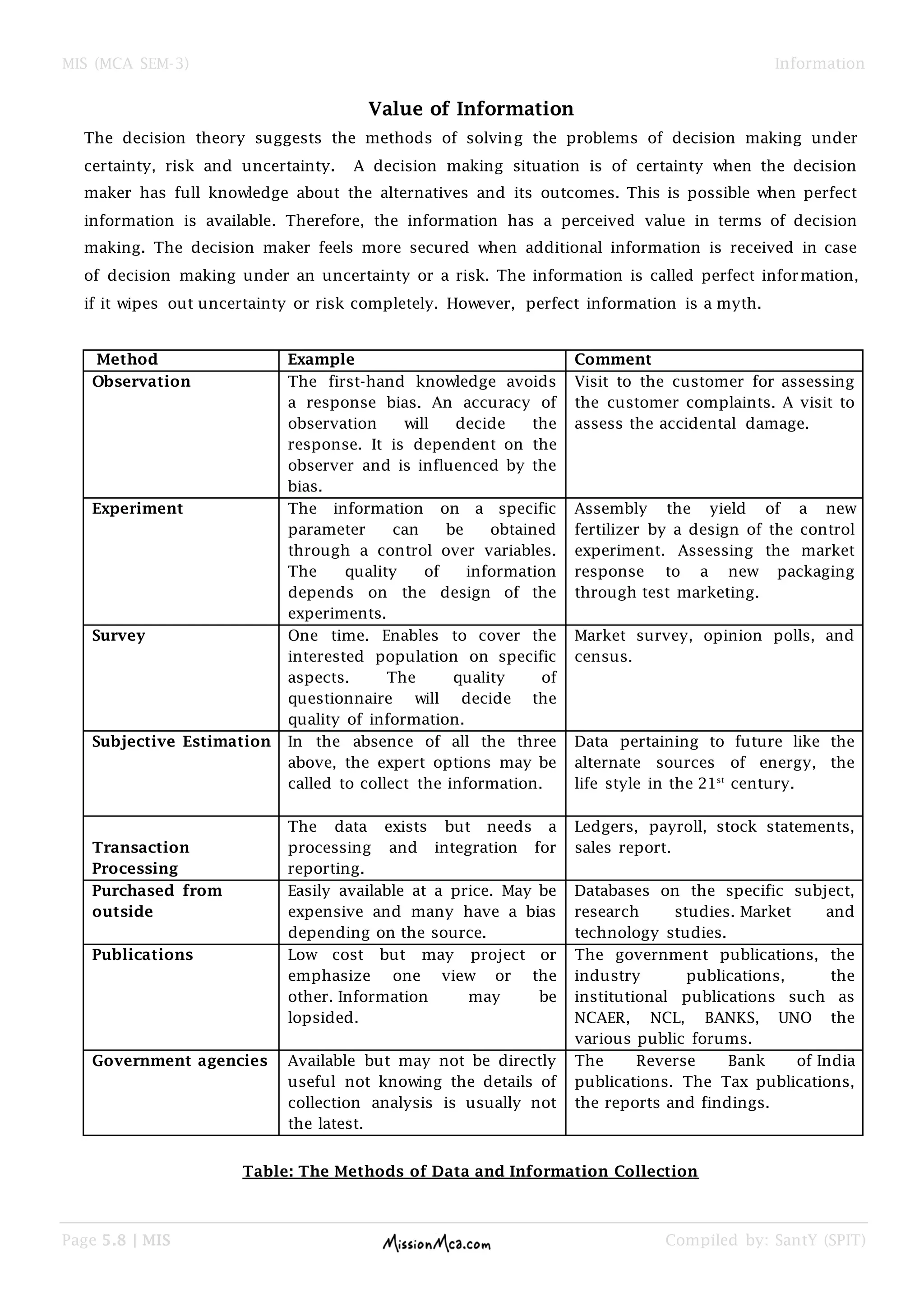 MIS (MCA SEM-3) Information
Page 5.8 | MIS Compiled by: SantY (SPIT)
Value of Information
The decision theory suggests the methods of solving the problems of decision making under
certainty, risk and uncertainty. A decision making situation is of certainty when the decision
maker has full knowledge about the alternatives and its outcomes. This is possible when perfect
information is available. Therefore, the information has a perceived value in terms of decision
making. The decision maker feels more secured when additional information is received in case
of decision making under an uncertainty or a risk. The information is called perfect information,
if it wipes out uncertainty or risk completely. However, perfect information is a myth.
Method Example Comment
Observation The first-hand knowledge avoids
a response bias. An accuracy of
observation will decide the
response. It is dependent on the
observer and is influenced by the
bias.
Visit to the customer for assessing
the customer complaints. A visit to
assess the accidental damage.
Experiment The information on a specific
parameter can be obtained
through a control over variables.
The quality of information
depends on the design of the
experiments.
Assembly the yield of a new
fertilizer by a design of the control
experiment. Assessing the market
response to a new packaging
through test marketing.
Survey One time. Enables to cover the
interested population on specific
aspects. The quality of
questionnaire will decide the
quality of information.
Market survey, opinion polls, and
census.
Subjective Estimation In the absence of all the three
above, the expert options may be
called to collect the information.
Data pertaining to future like the
alternate sources of energy, the
life style in the 21st
century.
Transaction
Processing
The data exists but needs a
processing and integration for
reporting.
Ledgers, payroll, stock statements,
sales report.
Purchased from
outside
Easily available at a price. May be
expensive and many have a bias
depending on the source.
Databases on the specific subject,
research studies. Market and
technology studies.
Publications Low cost but may project or
emphasize one view or the
other. Information may be
lopsided.
The government publications, the
industry publications, the
institutional publications such as
NCAER, NCL, BANKS, UNO the
various public forums.
Government agencies Available but may not be directly
useful not knowing the details of
collection analysis is usually not
the latest.
The Reverse Bank of India
publications. The Tax publications,
the reports and findings.
Table: The Methods of Data and Information Collection
 