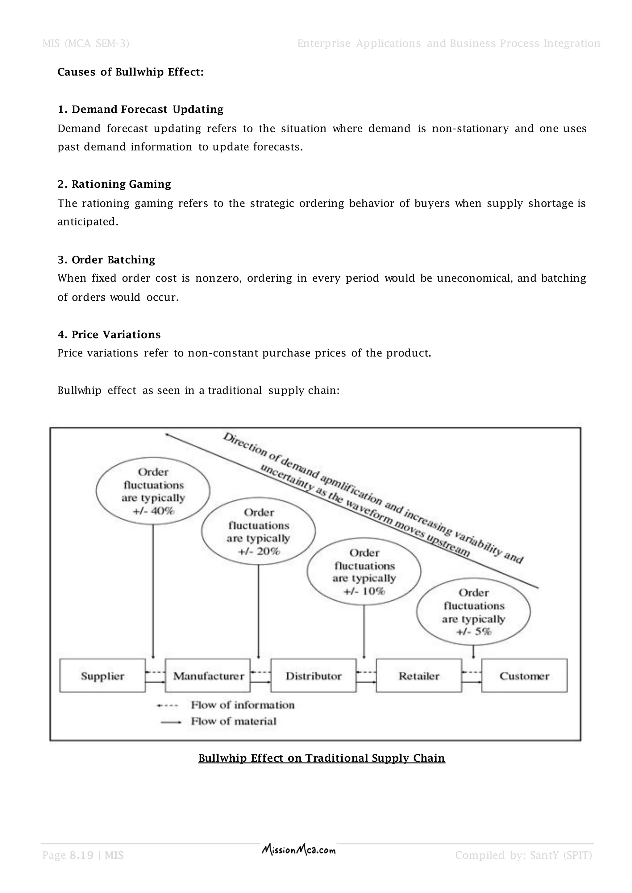 MIS (MCA SEM-3) Enterprise Applications and Business Process Integration
Page 8.19 | MIS Compiled by: SantY (SPIT)
Causes of Bullwhip Effect:
1. Demand Forecast Updating
Demand forecast updating refers to the situation where demand is non-stationary and one uses
past demand information to update forecasts.
2. Rationing Gaming
The rationing gaming refers to the strategic ordering behavior of buyers when supply shortage is
anticipated.
3. Order Batching
When fixed order cost is nonzero, ordering in every period would be uneconomical, and batching
of orders would occur.
4. Price Variations
Price variations refer to non-constant purchase prices of the product.
Bullwhip effect as seen in a traditional supply chain:
Bullwhip Effect on Traditional Supply Chain
 