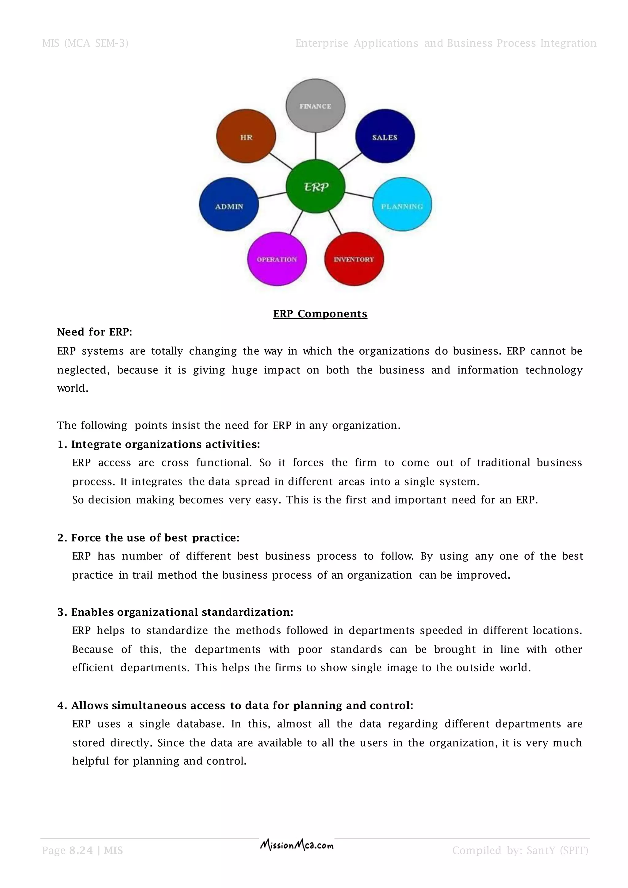 MIS (MCA SEM-3) Enterprise Applications and Business Process Integration
Page 8.24 | MIS Compiled by: SantY (SPIT)
ERP Components
Need for ERP:
ERP systems are totally changing the way in which the organizations do business. ERP cannot be
neglected, because it is giving huge impact on both the business and information technology
world.
The following points insist the need for ERP in any organization.
1. Integrate organizations activities:
ERP access are cross functional. So it forces the firm to come out of traditional business
process. It integrates the data spread in different areas into a single system.
So decision making becomes very easy. This is the first and important need for an ERP.
2. Force the use of best practice:
ERP has number of different best business process to follow. By using any one of the best
practice in trail method the business process of an organization can be improved.
3. Enables organizational standardization:
ERP helps to standardize the methods followed in departments speeded in different locations.
Because of this, the departments with poor standards can be brought in line with other
efficient departments. This helps the firms to show single image to the outside world.
4. Allows simultaneous access to data for planning and control:
ERP uses a single database. In this, almost all the data regarding different departments are
stored directly. Since the data are available to all the users in the organization, it is very much
helpful for planning and control.
 