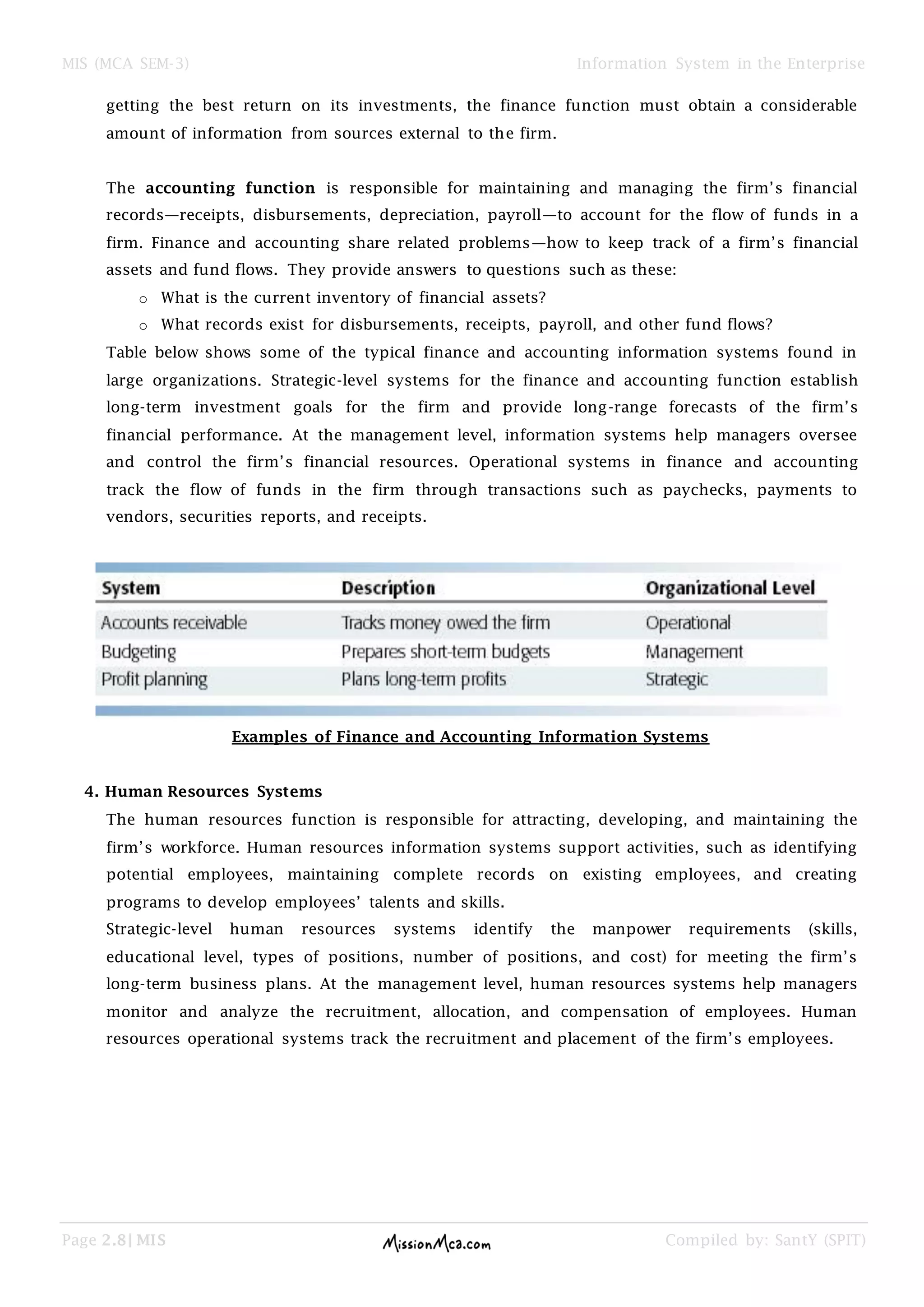 MIS (MCA SEM-3) Information System in the Enterprise
Page 2.8| MIS Compiled by: SantY (SPIT)
getting the best return on its investments, the finance function must obtain a considerable
amount of information from sources external to the firm.
The accounting function is responsible for maintaining and managing the firm’s financial
records—receipts, disbursements, depreciation, payroll—to account for the flow of funds in a
firm. Finance and accounting share related problems—how to keep track of a firm’s financial
assets and fund flows. They provide answers to questions such as these:
o What is the current inventory of financial assets?
o What records exist for disbursements, receipts, payroll, and other fund flows?
Table below shows some of the typical finance and accounting information systems found in
large organizations. Strategic-level systems for the finance and accounting function establish
long-term investment goals for the firm and provide long-range forecasts of the firm’s
financial performance. At the management level, information systems help managers oversee
and control the firm’s financial resources. Operational systems in finance and accounting
track the flow of funds in the firm through transactions such as paychecks, payments to
vendors, securities reports, and receipts.
Examples of Finance and Accounting Information Systems
4. Human Resources Systems
The human resources function is responsible for attracting, developing, and maintaining the
firm’s workforce. Human resources information systems support activities, such as identifying
potential employees, maintaining complete records on existing employees, and creating
programs to develop employees’ talents and skills.
Strategic-level human resources systems identify the manpower requirements (skills,
educational level, types of positions, number of positions, and cost) for meeting the firm’s
long-term business plans. At the management level, human resources systems help managers
monitor and analyze the recruitment, allocation, and compensation of employees. Human
resources operational systems track the recruitment and placement of the firm’s employees.
 