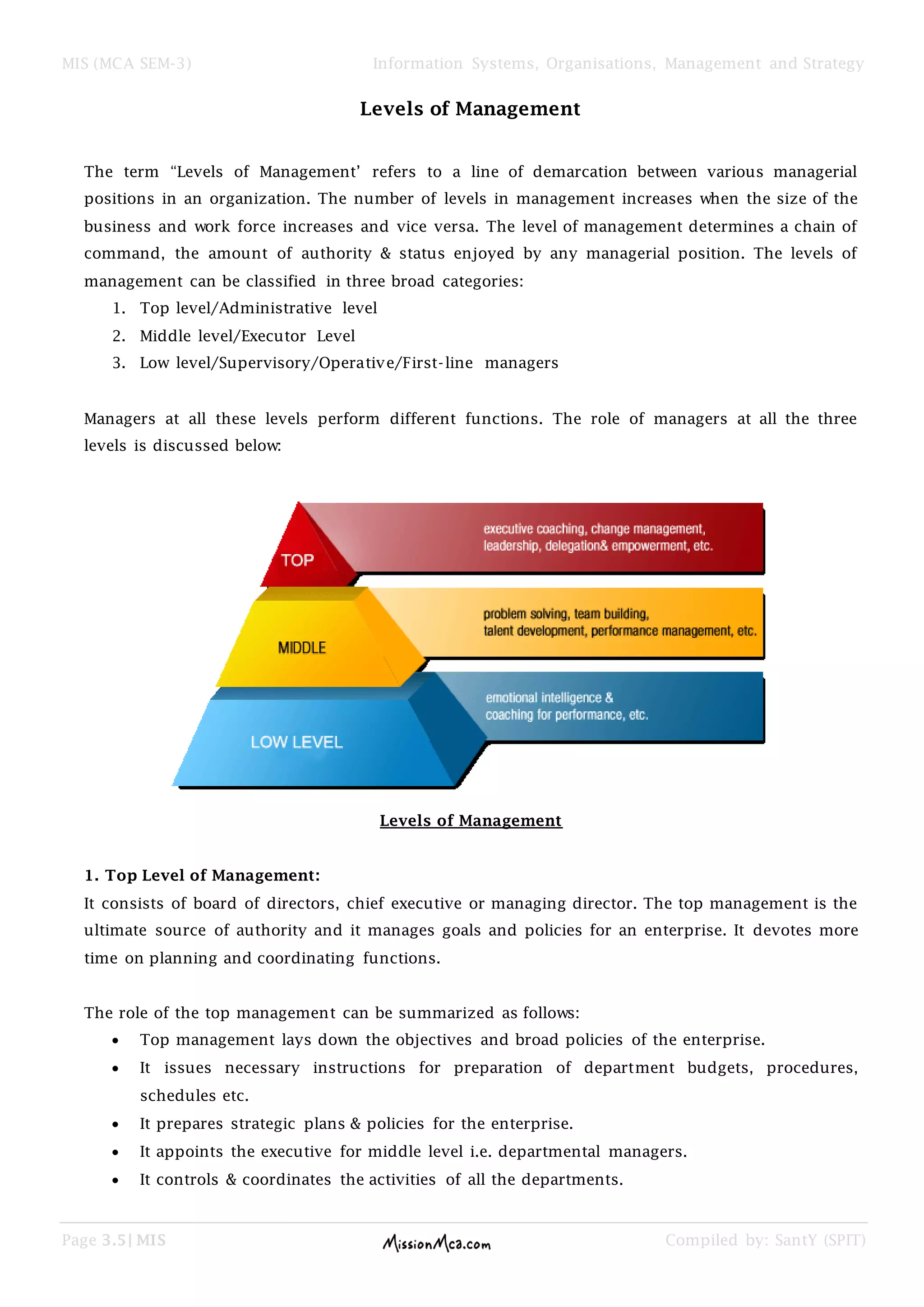 MIS (MCA SEM-3) Information Systems, Organisations, Management and Strategy
Page 3.5| MIS Compiled by: SantY (SPIT)
Levels of Management
The term “Levels of Management’ refers to a line of demarcation between various managerial
positions in an organization. The number of levels in management increases when the size of the
business and work force increases and vice versa. The level of management determines a chain of
command, the amount of authority & status enjoyed by any managerial position. The levels of
management can be classified in three broad categories:
1. Top level/Administrative level
2. Middle level/Executor Level
3. Low level/Supervisory/Operative/First-line managers
Managers at all these levels perform different functions. The role of managers at all the three
levels is discussed below:
Levels of Management
1. Top Level of Management:
It consists of board of directors, chief executive or managing director. The top management is the
ultimate source of authority and it manages goals and policies for an enterprise. It devotes more
time on planning and coordinating functions.
The role of the top management can be summarized as follows:
Top management lays down the objectives and broad policies of the enterprise.
It issues necessary instructions for preparation of department budgets, procedures,
schedules etc.
It prepares strategic plans & policies for the enterprise.
It appoints the executive for middle level i.e. departmental managers.
It controls & coordinates the activities of all the departments.
 