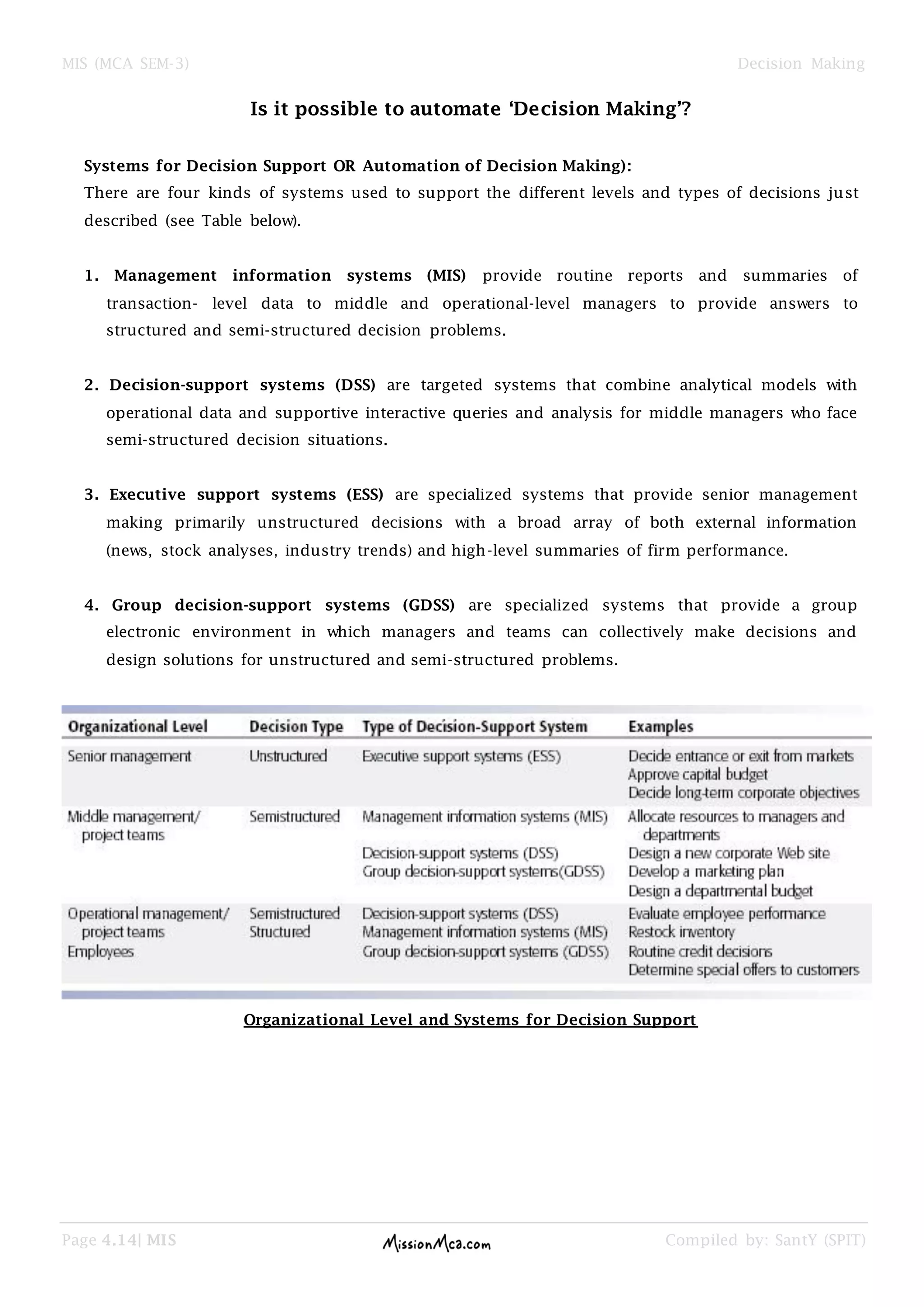 MIS (MCA SEM-3) Decision Making
Page 4.14| MIS Compiled by: SantY (SPIT)
Is it possible to automate ‘Decision Making’?
Systems for Decision Support OR Automation of Decision Making):
There are four kinds of systems used to support the different levels and types of decisions just
described (see Table below).
1. Management information systems (MIS) provide routine reports and summaries of
transaction- level data to middle and operational-level managers to provide answers to
structured and semi-structured decision problems.
2. Decision-support systems (DSS) are targeted systems that combine analytical models with
operational data and supportive interactive queries and analysis for middle managers who face
semi-structured decision situations.
3. Executive support systems (ESS) are specialized systems that provide senior management
making primarily unstructured decisions with a broad array of both external information
(news, stock analyses, industry trends) and high-level summaries of firm performance.
4. Group decision-support systems (GDSS) are specialized systems that provide a group
electronic environment in which managers and teams can collectively make decisions and
design solutions for unstructured and semi-structured problems.
Organizational Level and Systems for Decision Support
 