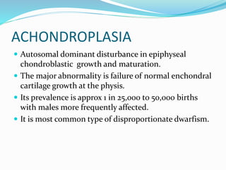 ACHONDROPLASIA
 Autosomal dominant disturbance in epiphyseal
chondroblastic growth and maturation.
 The major abnormality is failure of normal enchondral
cartilage growth at the physis.
 Its prevalence is approx 1 in 25,000 to 50,000 births
with males more frequently affected.
 It is most common type of disproportionate dwarfism.
 