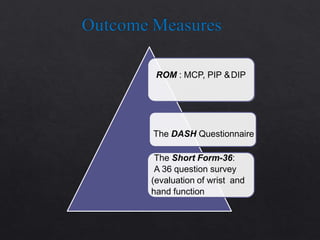 ROM : MCP, PIP &DIP
The DASH Questionnaire
The Short Form-36:
A 36 question survey
(evaluation of wrist and
hand function
 