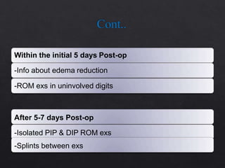 Within the initial 5 days Post-op
-Info about edema reduction
-ROM exs in uninvolved digits
After 5-7 days Post-op
-Isolated PIP & DIP ROM exs
-Splints between exs
 