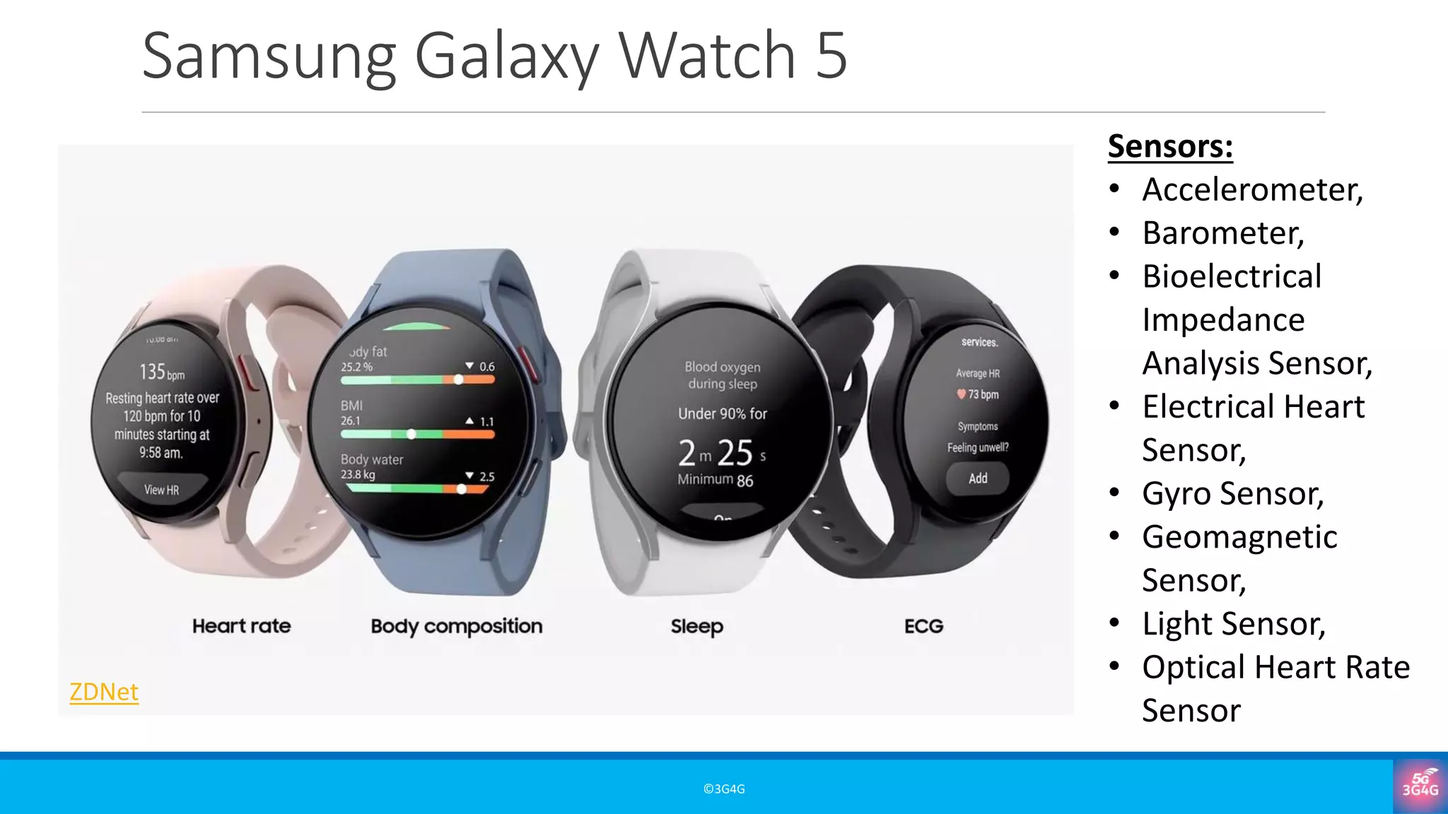 Samsung Galaxy Watch 5
©3G4G
ZDNet
Sensors:
• Accelerometer,
• Barometer,
• Bioelectrical
Impedance
Analysis Sensor,
• Electrical Heart
Sensor,
• Gyro Sensor,
• Geomagnetic
Sensor,
• Light Sensor,
• Optical Heart Rate
Sensor
 