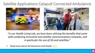 Satellite Applications Catapult Connected Ambulance
©3G4G
“In our Health Living Lab, we have been utilising the benefits that come
with combining terrestrial and satellite communications networks, and
in particular the use of 5G and satellites.”
• Read more about 5G Satcomms and Health here.
 