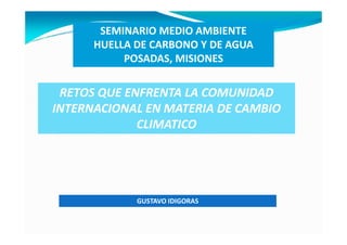 SEMINARIO MEDIO AMBIENTE
      HUELLA DE CARBONO Y DE AGUA
           POSADAS, MISIONES


 RETOS QUE ENFRENTA LA COMUNIDAD
INTERNACIONAL EN MATERIA DE CAMBIO
             CLIMATICO




             GUSTAVO IDIGORAS
 