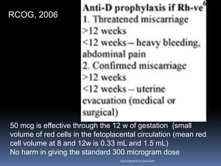 RCOG, 2006
50 mcg is effective through the 12 w of gestation {small
volume of red cells in the fetoplacental circulation (mean red
cell volume at 8 and 12w is 0.33 mL and 1.5 mL)
No harm in giving the standard 300 microgram dose
ABOUBAKR ELNASHAR
 