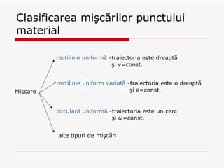 Clasificarea mişcărilor punctului material Mişcare rectilinie uniformă  -traiectoria este dreaptă  şi v=const. rectilinie uniform variată  -traiectoria este o dreaptă  şi a=const. circulară uniformă  -traiectoria este un cerc şi  ω =const. alte tipuri de mişcări 