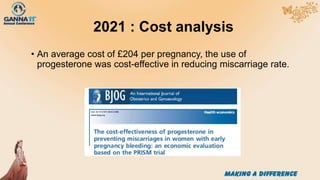 2021 : Cost analysis
• An average cost of £204 per pregnancy, the use of
progesterone was cost-effective in reducing miscarriage rate.
 