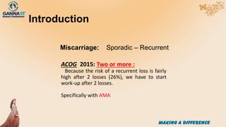 Introduction
Miscarriage: Sporadic – Recurrent
ACOG 2015: Two or more :
Because the risk of a recurrent loss is fairly
high after 2 losses (26%), we have to start
work-up after 2 losses.
Specifically with AMA
 