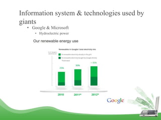 Information system & technologies used by
giants
• Google & Microsoft
• Hydroelectric power
 
