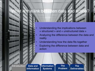 What is the link between data and action? 
• Understanding the implications between 
« structured » and « unstructured data » 
• Analyzing the difference between the data and 
©2013 LHST sarl 
reality 
• Understanding how the data fits together 
• Exploring the difference between data and 
action 
Introduction Information 
Systems 
The 
Problem 
Data and 
Information 
The 
Deliverables 
 