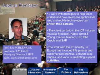 • I work with managers to help them 
understand how enterprise applications, 
web and mobile technologies can 
enrich their careers. 
• The client portfolio in the ICT industry 
includes Microsoft, Apple, Ernst & 
Young, France Telecom, HP, IBM, 
Oracle and SAP 
. 
•The work with the IT industry in 
Europe has included fifty partner and 
customer conferences, a dozen case 
studies, and various marketing support 
activities. 
©2013 LHST sarl 
Prof. Lee SCHLENKER, 
Professeur EM LYON 
Managing Director, LHST 
Web : www.leeschlenker.com 
Introduction Information 
Systems 
The 
Problem 
Data and 
Information 
The 
Deliverables 
 