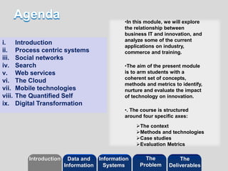 •In this module, we will explore 
the relationship between 
business IT and innovation, and 
analyze some of the current 
applications on industry, 
commerce and training. 
•The aim of the present module 
is to arm students with a 
coherent set of concepts, 
methods and metrics to identify, 
nurture and evaluate the impact 
of technology on innovation. 
©2013 LHST sarl 
•. The course is structured 
around four specific axes: 
The context 
Methods and technologies 
Case studies 
Evaluation Metrics 
i. Introduction 
ii. Process centric systems 
iii. Social networks 
iv. Search 
v. Web services 
vi. The Cloud 
vii. Mobile technologies 
viii. The Quantified Self 
ix. Digital Transformation 
Introduction Information 
Systems 
The 
Problem 
Data and 
Information 
The 
Deliverables 
 